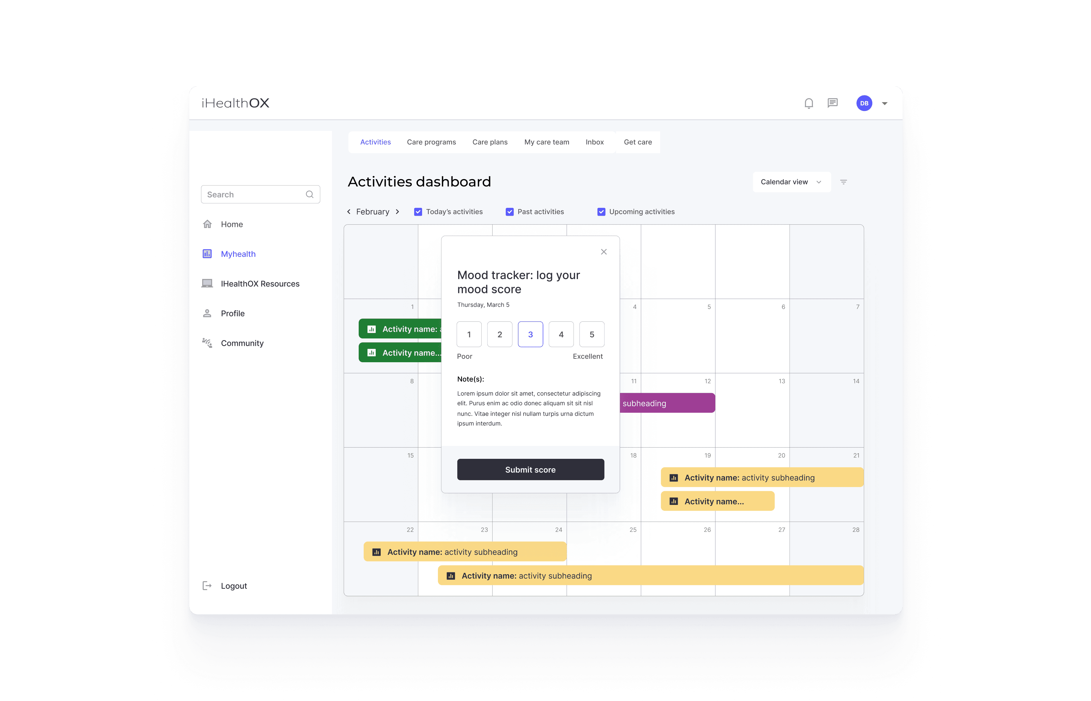 Ihealth activities calendar